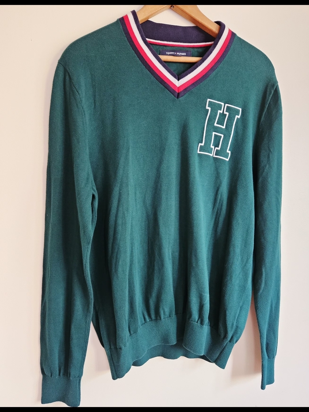 Tommy Hilfiger Green V-Neck Sweater with H Patch